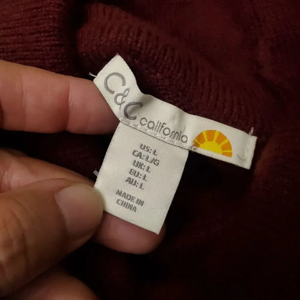 C&C California Womens Turtleneck Sweater Large Red Burgundy Long Sleeve Wool - Picture 3 of 13